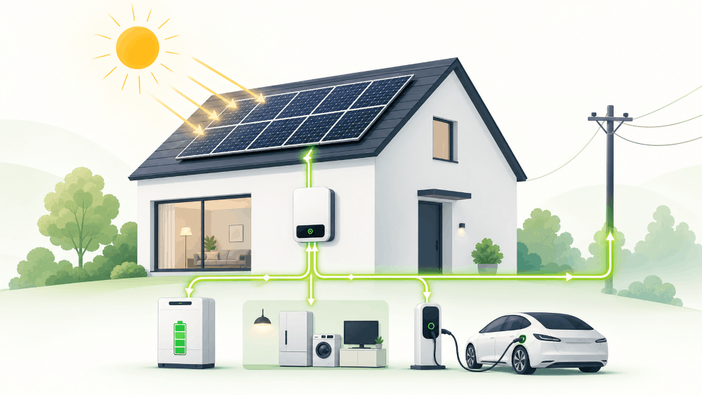 Minimalistische Darstellung einer Photovoltaikanlage: Sonne scheint auf Solarmodule, Strom fließt zum Wechselrichter, Speicher, Hausnetz, Wallbox mit E-Auto und öffentlichem Stromnetz