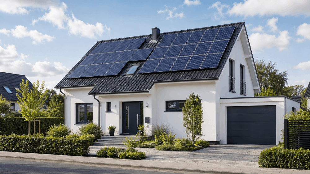 Modernes Einfamilienhaus mit Photovoltaikanlage auf dem Dach