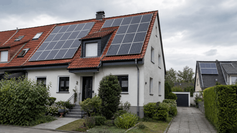 Reihenhaus mit Photovoltaikmodulen rund um Dachfenster und Gaube