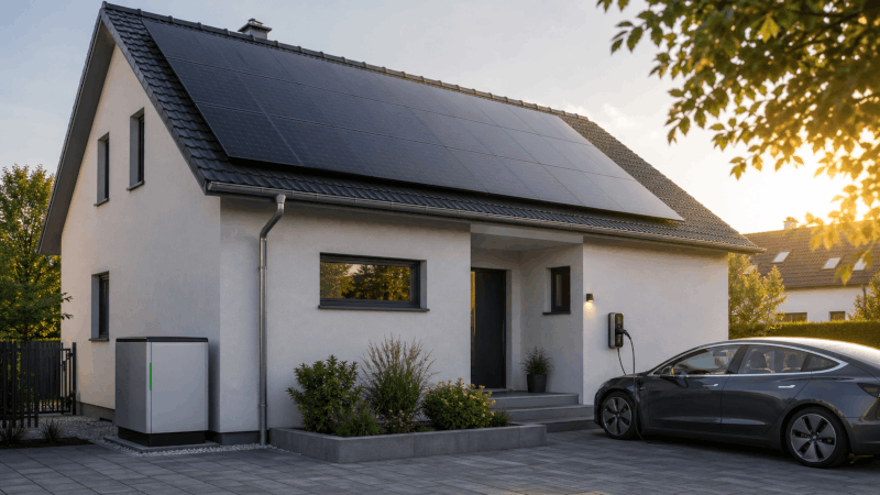 Modernes Haus mit Solaranlage, Batteriespeicher und Wallbox für ein Elektroauto