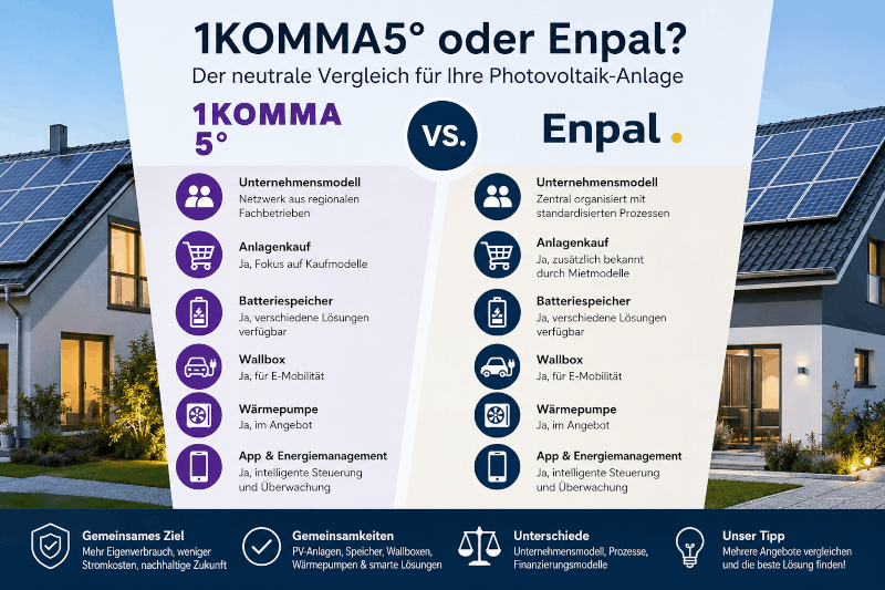 1KOMMA5° oder Enpal – Welcher Anbieter passt besser zu Ihrem Photovoltaik-Projekt?