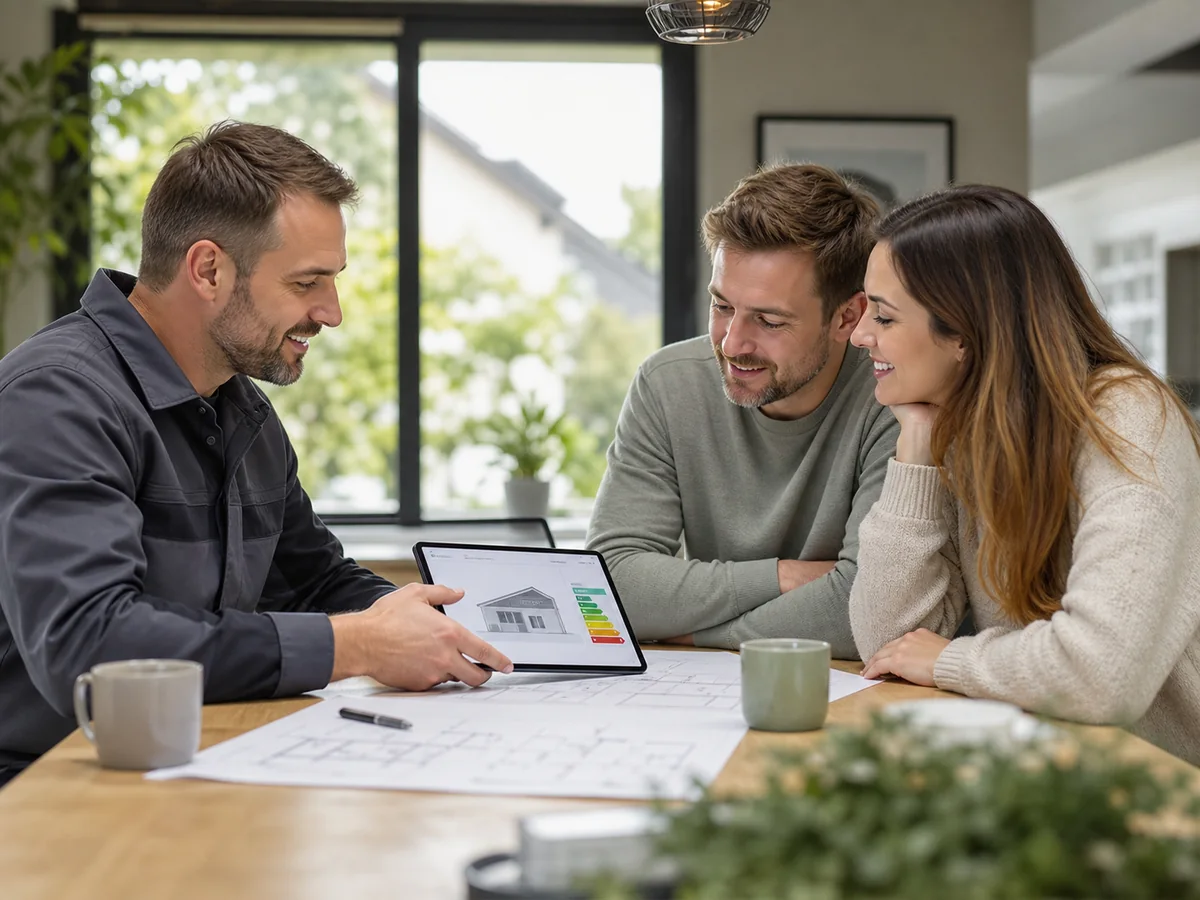 Hausbesitzer besprechen mit einem Heizungsfachmann die Planung einer Wärmepumpe