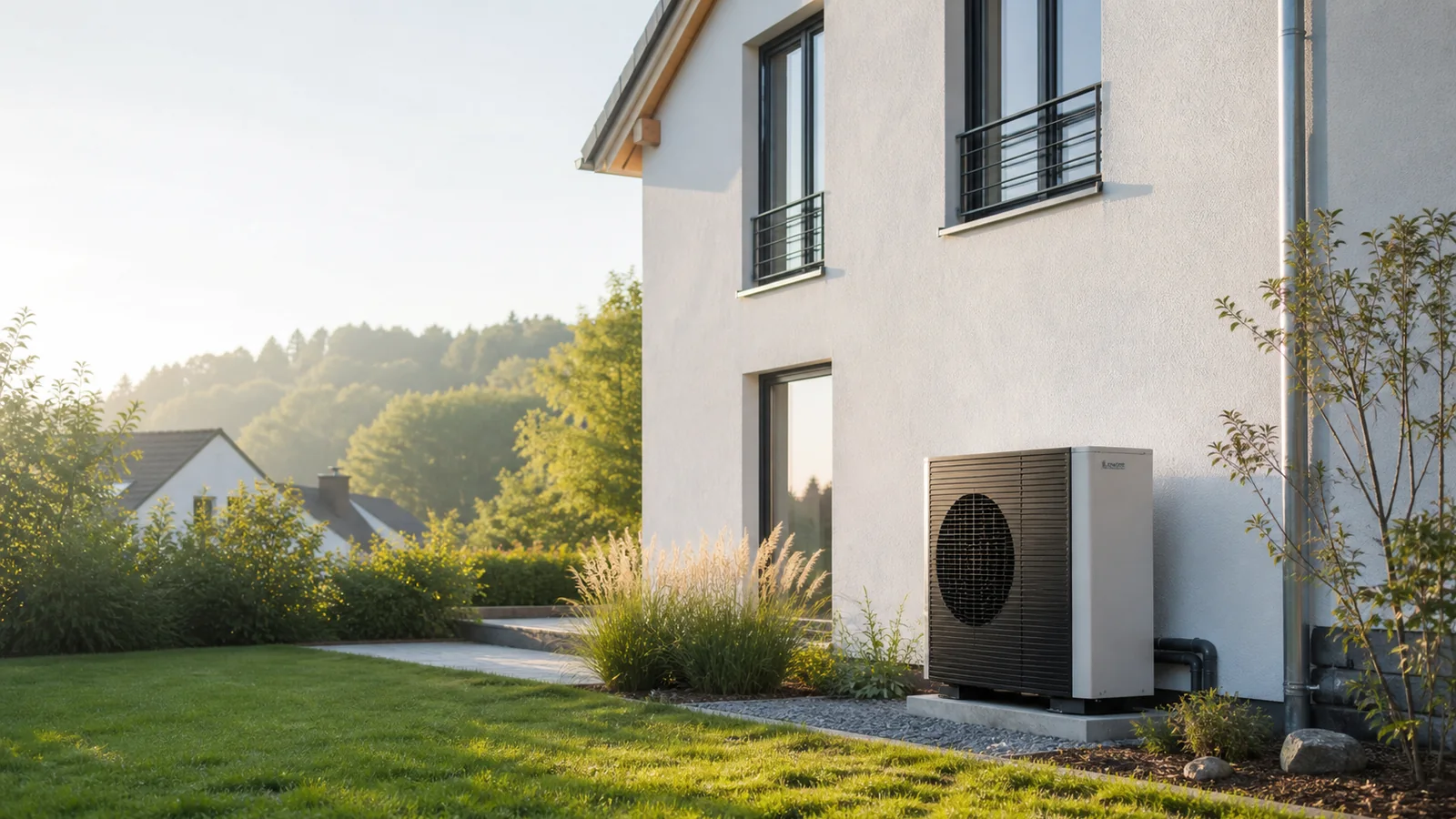 Modernes Wohnhaus mit einer außen aufgestellten Luft-Wasser-Wärmepumpe