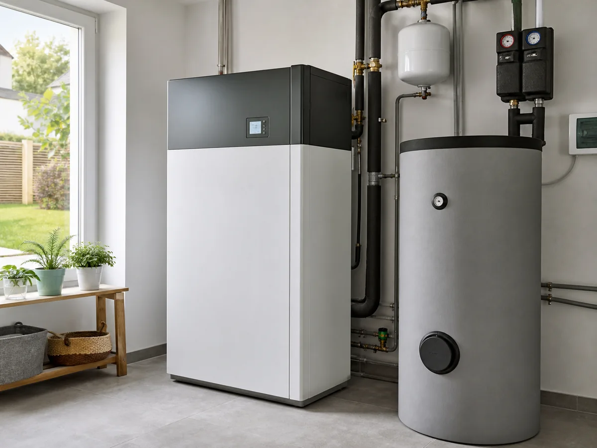 Wärmepumpen-Inneneinheit mit Warmwasserspeicher und fachgerecht installierten Leitungen