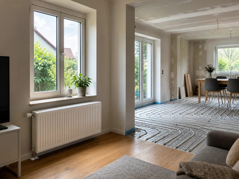 Wohnhaus mit Heizkörper und Fußbodenheizung