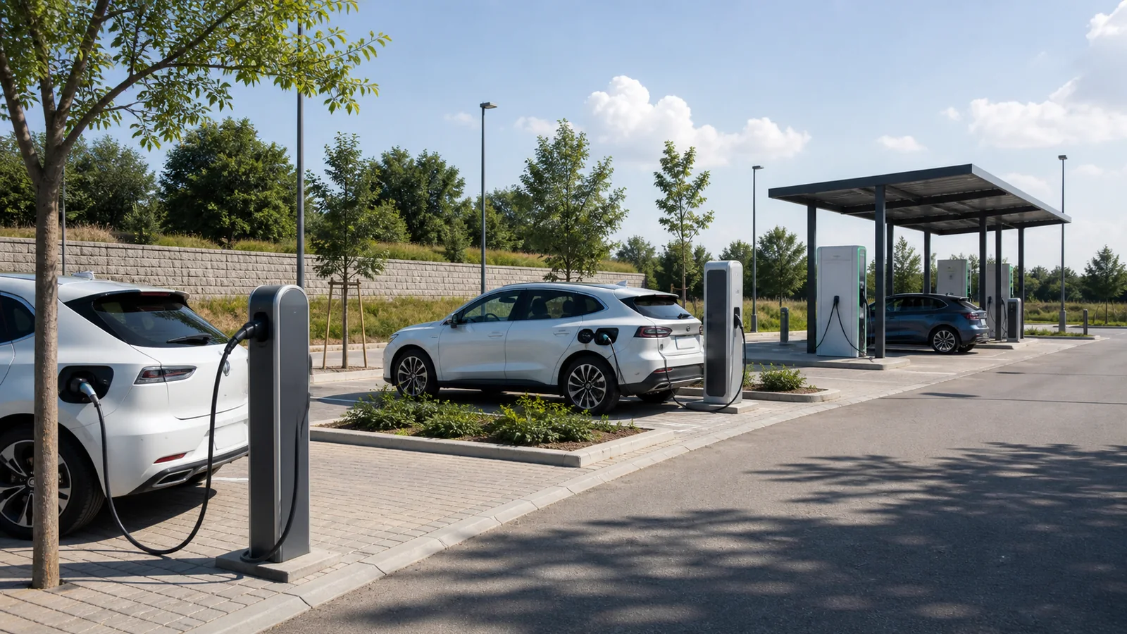Öffentliche AC- und DC-Ladesäulen mit Elektroautos