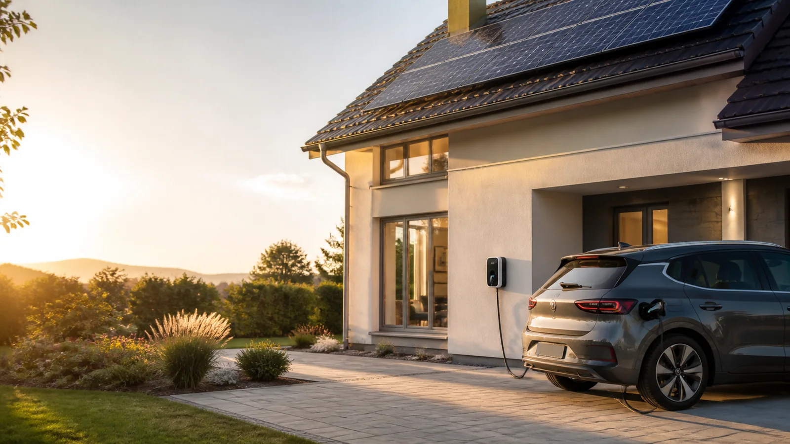 Elektroauto lädt an einer Wallbox eines Wohnhauses mit Photovoltaikanlage